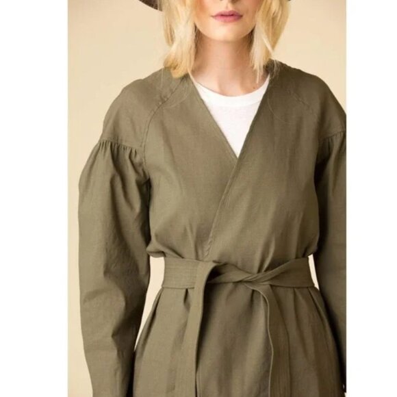 A.L.C. Kendrick Linen Blend Belted Kimono Puff Jacket Olive Green Sz O - Picture 2 of 14
